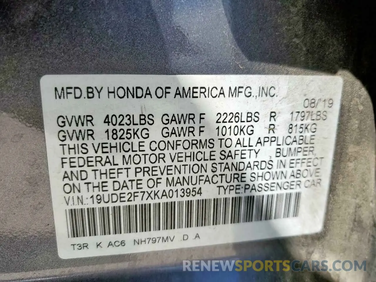 13 Photograph of a damaged car 19UDE2F7XKA013954 ACURA ILX 2019