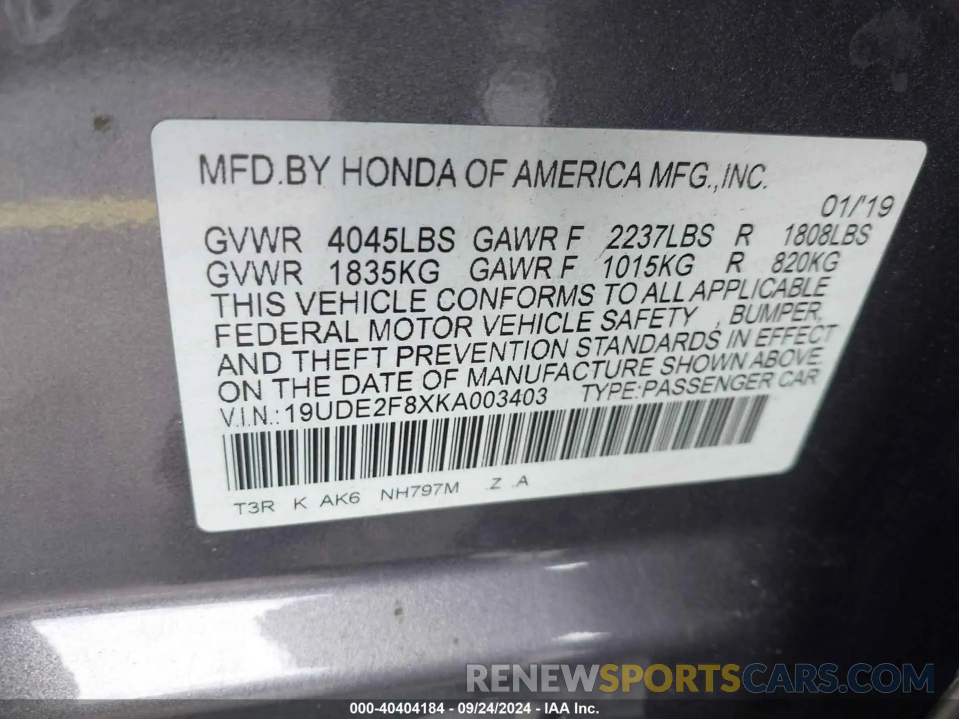 9 Photograph of a damaged car 19UDE2F8XKA003403 ACURA ILX 2019