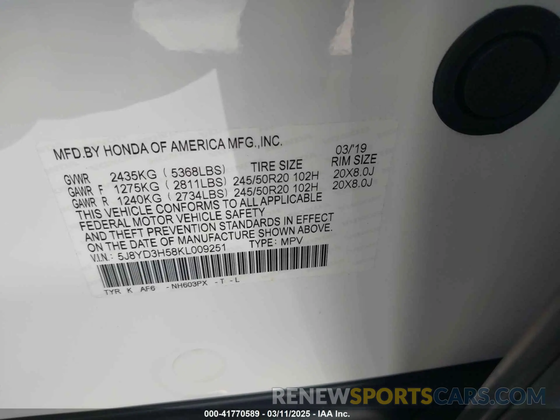 9 Photograph of a damaged car 5J8YD3H58KL009251 ACURA MDX 2019