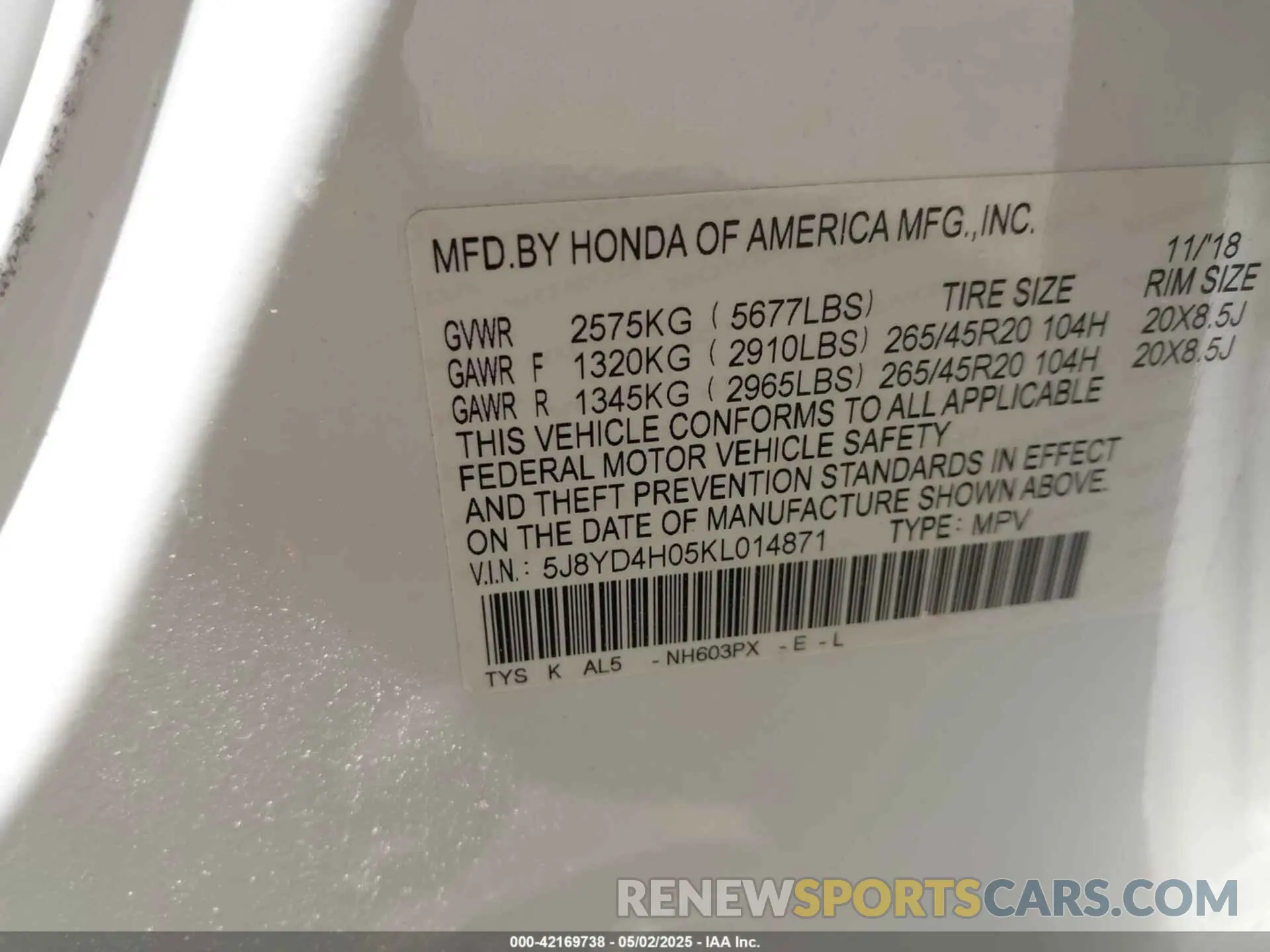 9 Photograph of a damaged car 5J8YD4H05KL014871 ACURA MDX 2019