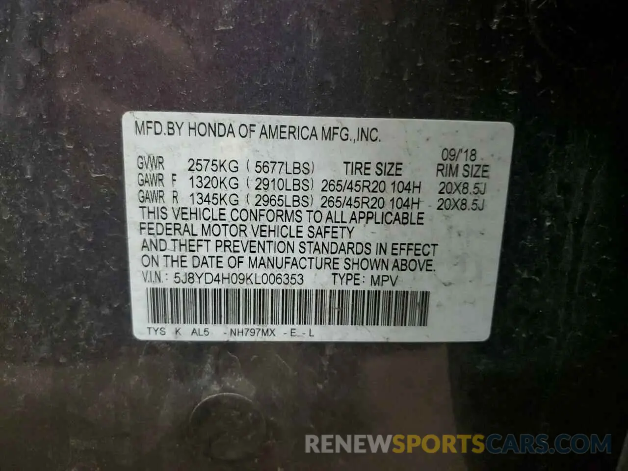 16 Photograph of a damaged car 5J8YD4H09KL006353 ACURA MDX 2019