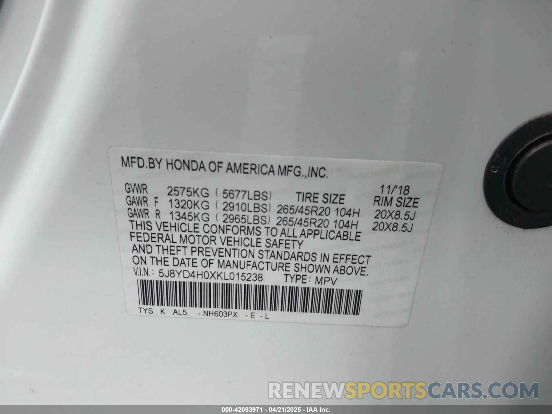 9 Photograph of a damaged car 5J8YD4H0XKL015238 ACURA MDX 2019