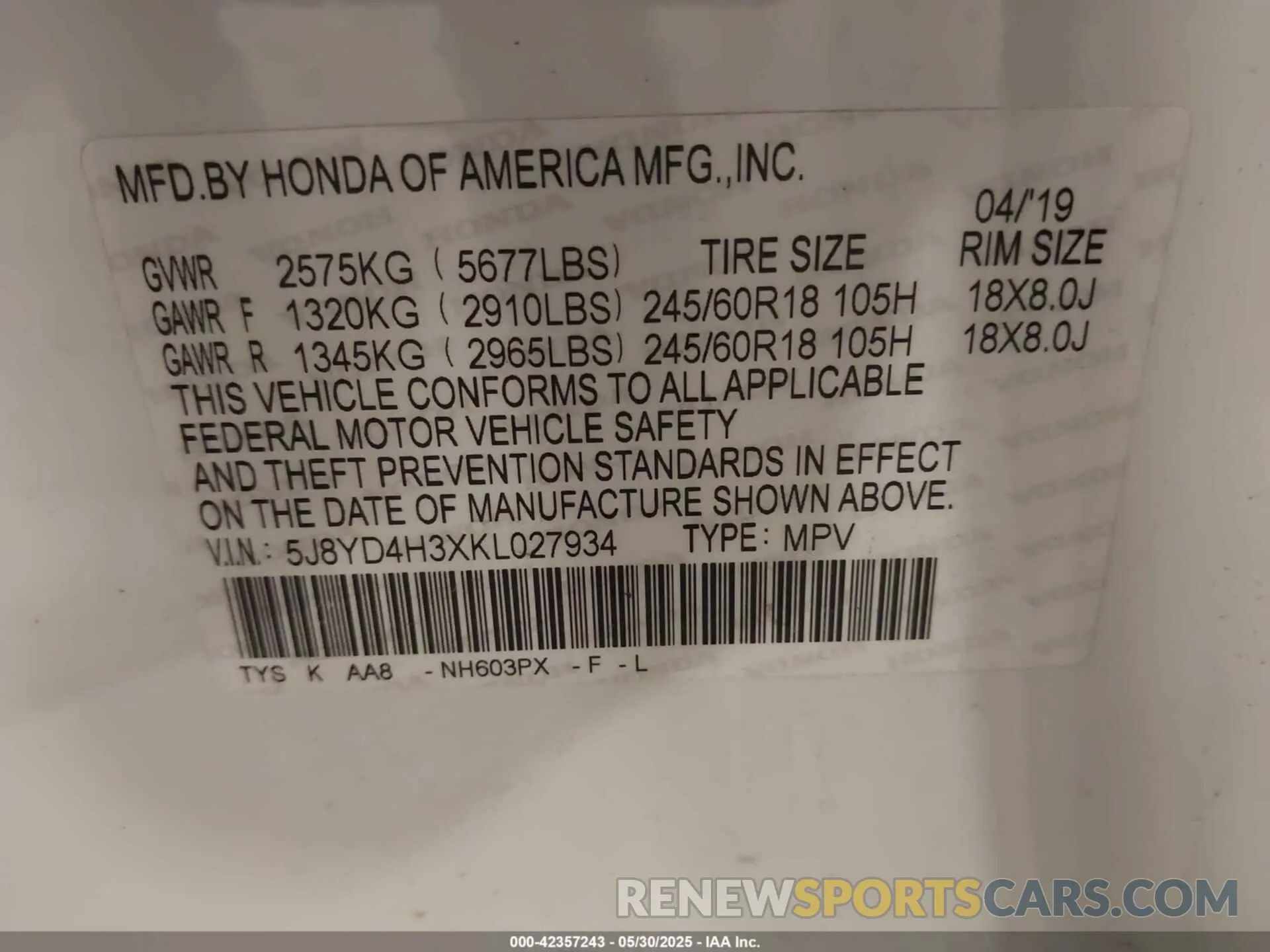 9 Photograph of a damaged car 5J8YD4H3XKL027934 ACURA MDX 2019