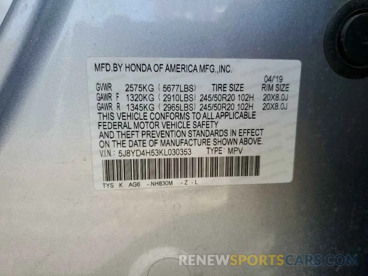 13 Photograph of a damaged car 5J8YD4H53KL030353 ACURA MDX 2019