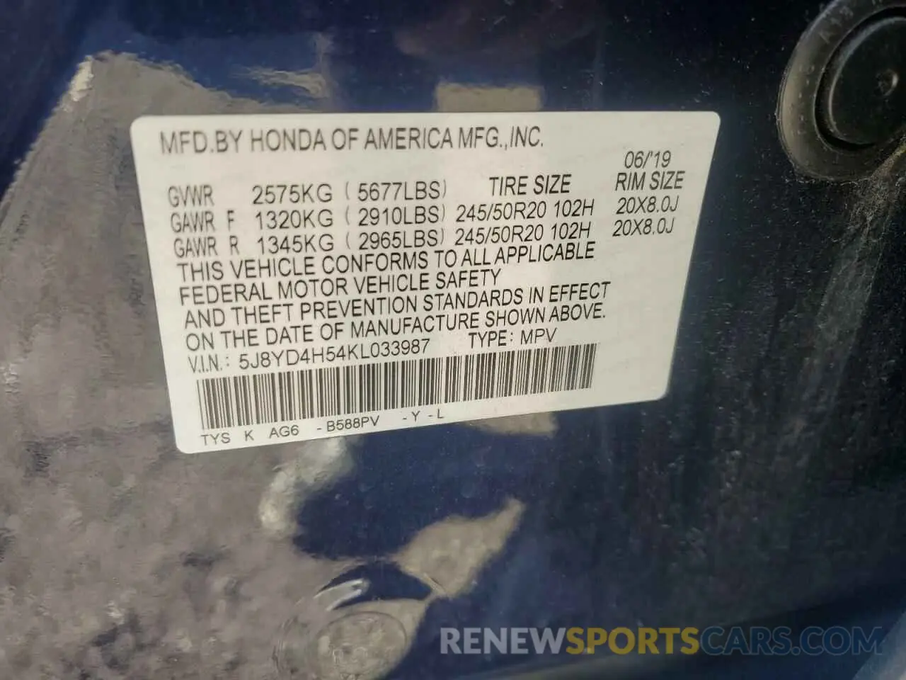 13 Photograph of a damaged car 5J8YD4H54KL033987 ACURA MDX 2019