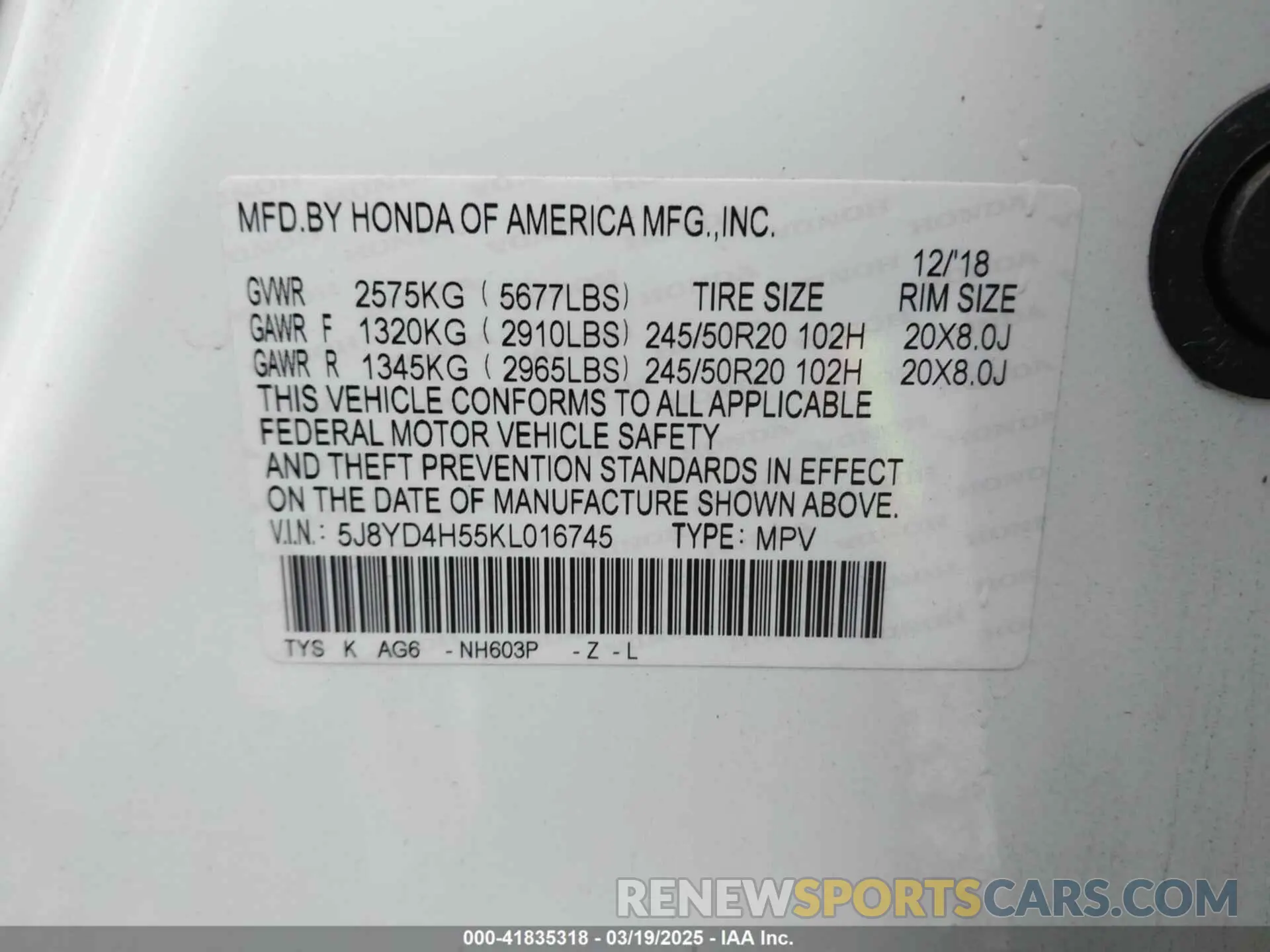 9 Photograph of a damaged car 5J8YD4H55KL016745 ACURA MDX 2019