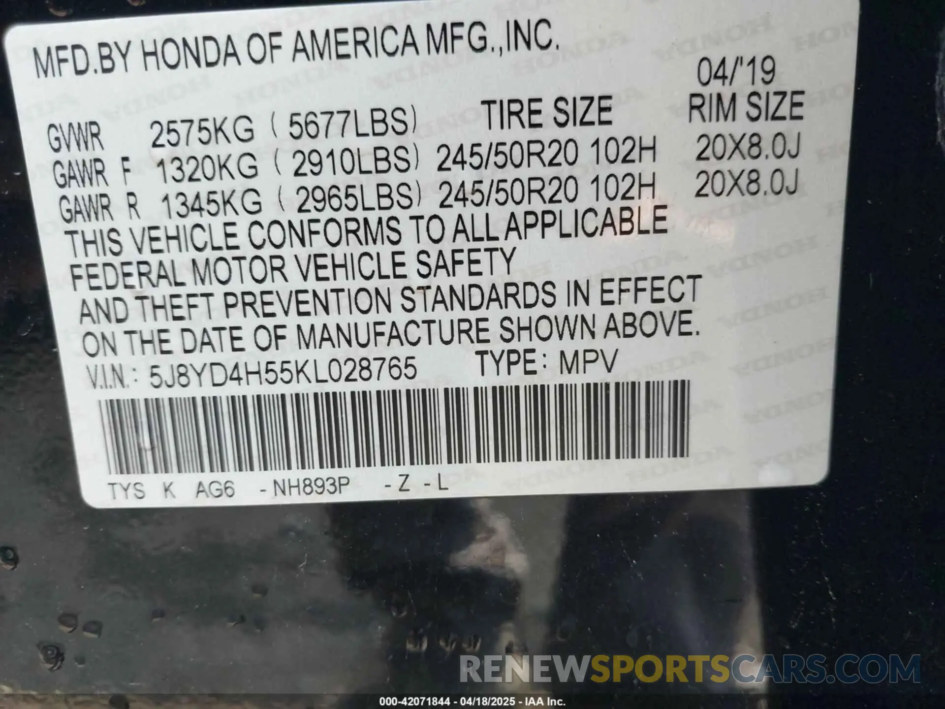 9 Photograph of a damaged car 5J8YD4H55KL028765 ACURA MDX 2019