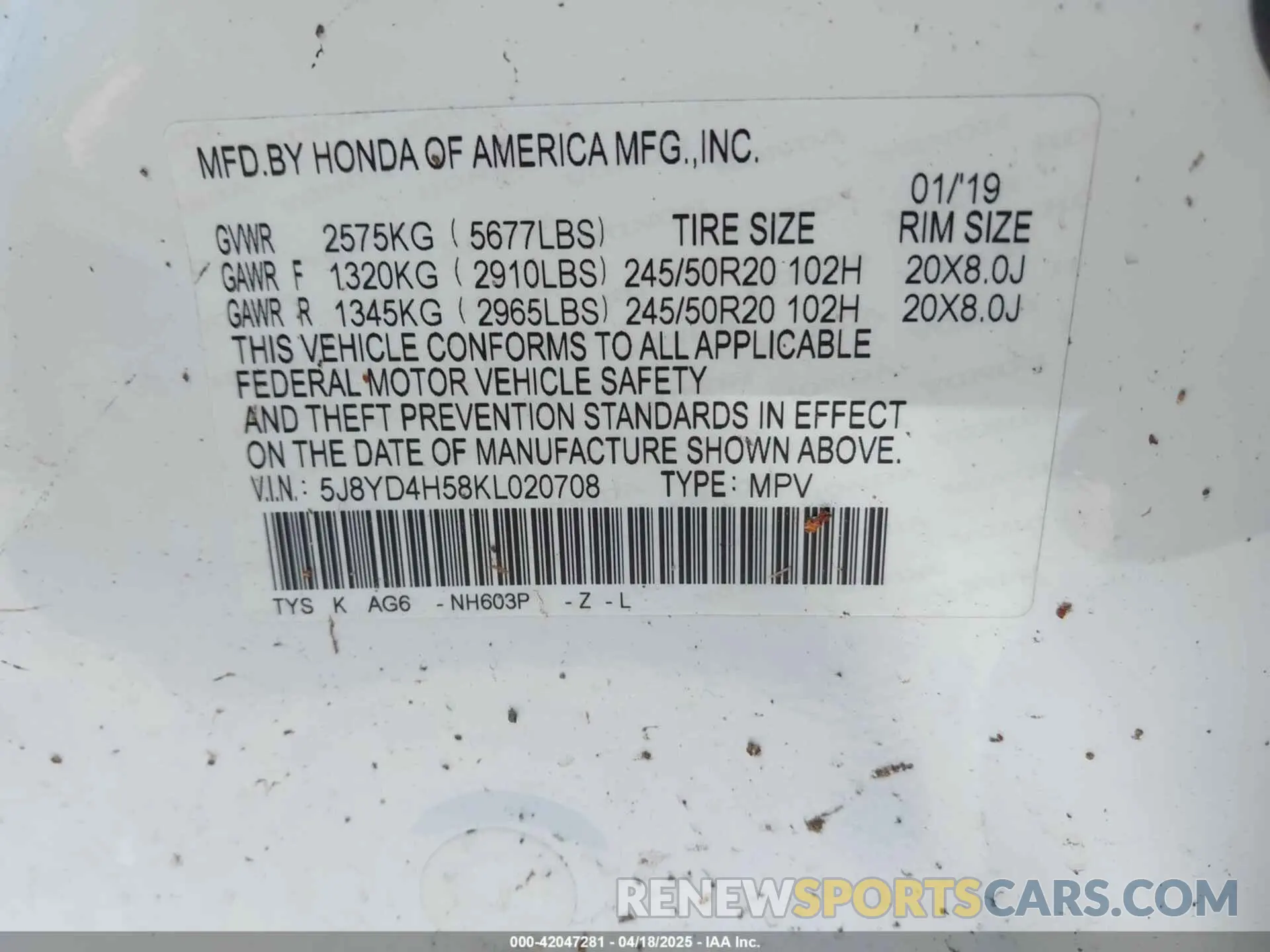 9 Photograph of a damaged car 5J8YD4H58KL020708 ACURA MDX 2019