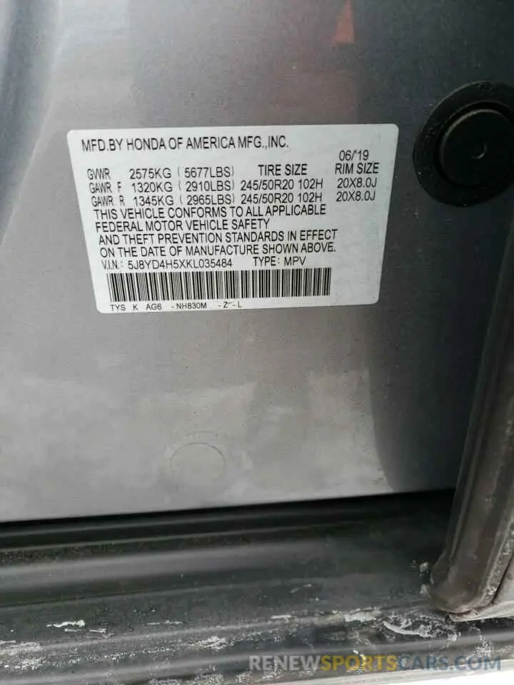 13 Photograph of a damaged car 5J8YD4H5XKL035484 ACURA MDX 2019