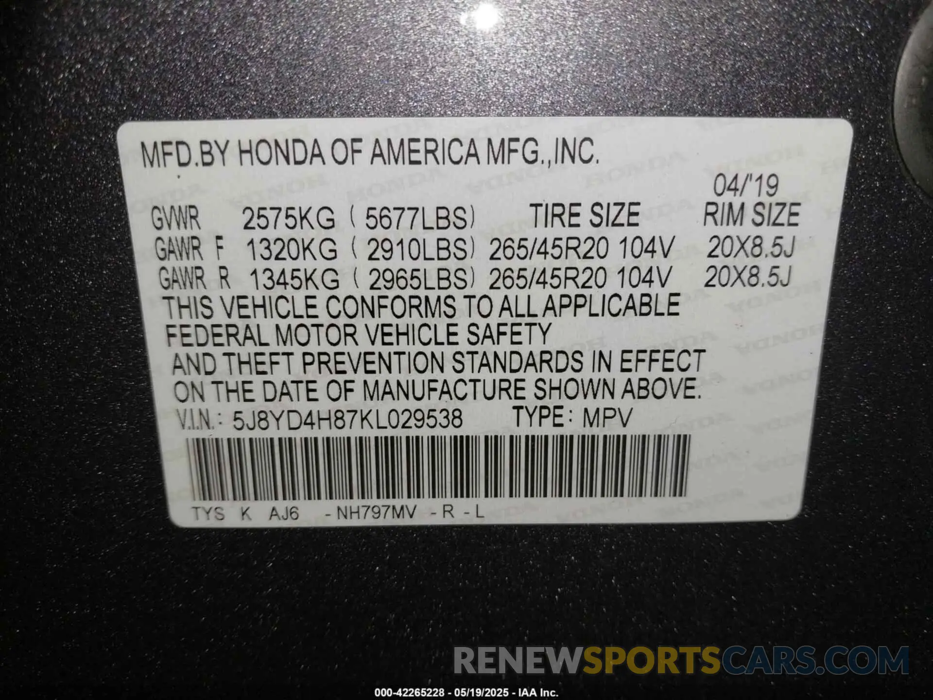 9 Photograph of a damaged car 5J8YD4H87KL029538 ACURA MDX 2019