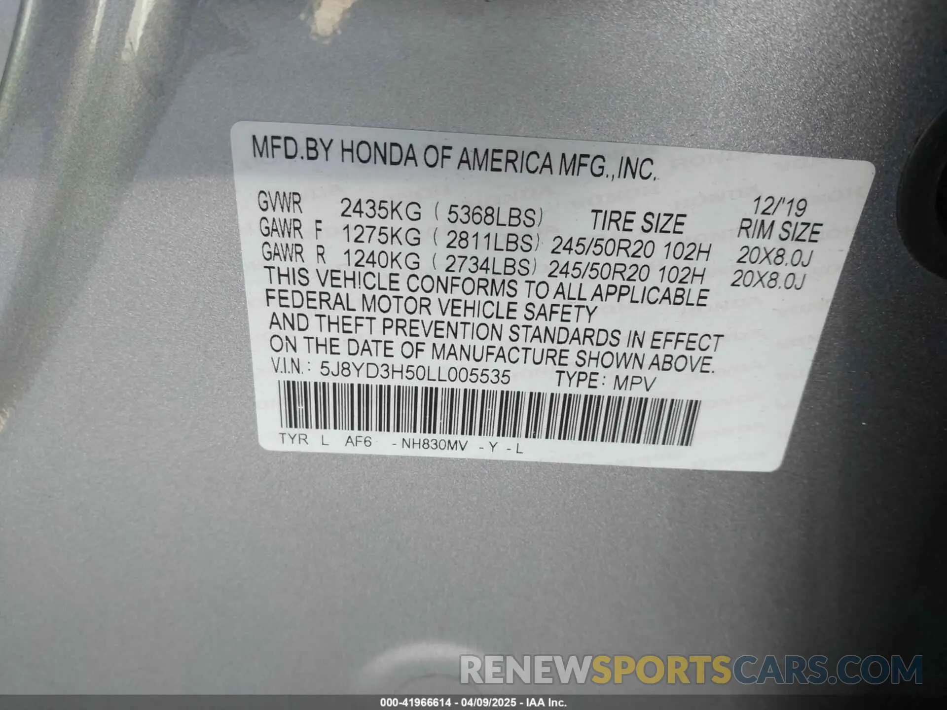 9 Photograph of a damaged car 5J8YD3H50LL005535 ACURA MDX 2020