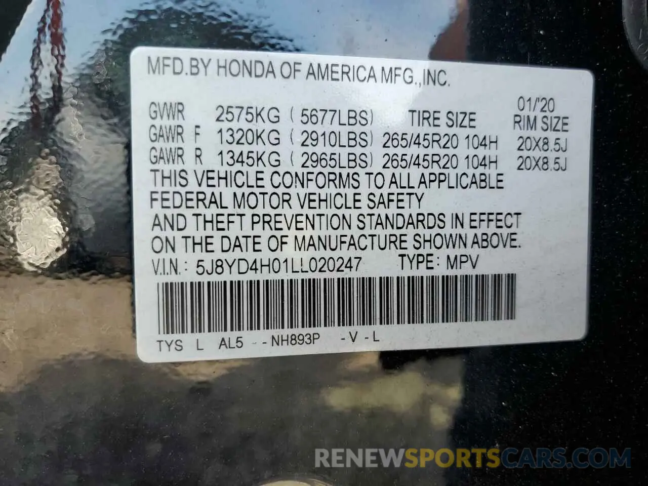 14 Photograph of a damaged car 5J8YD4H01LL020247 ACURA MDX 2020