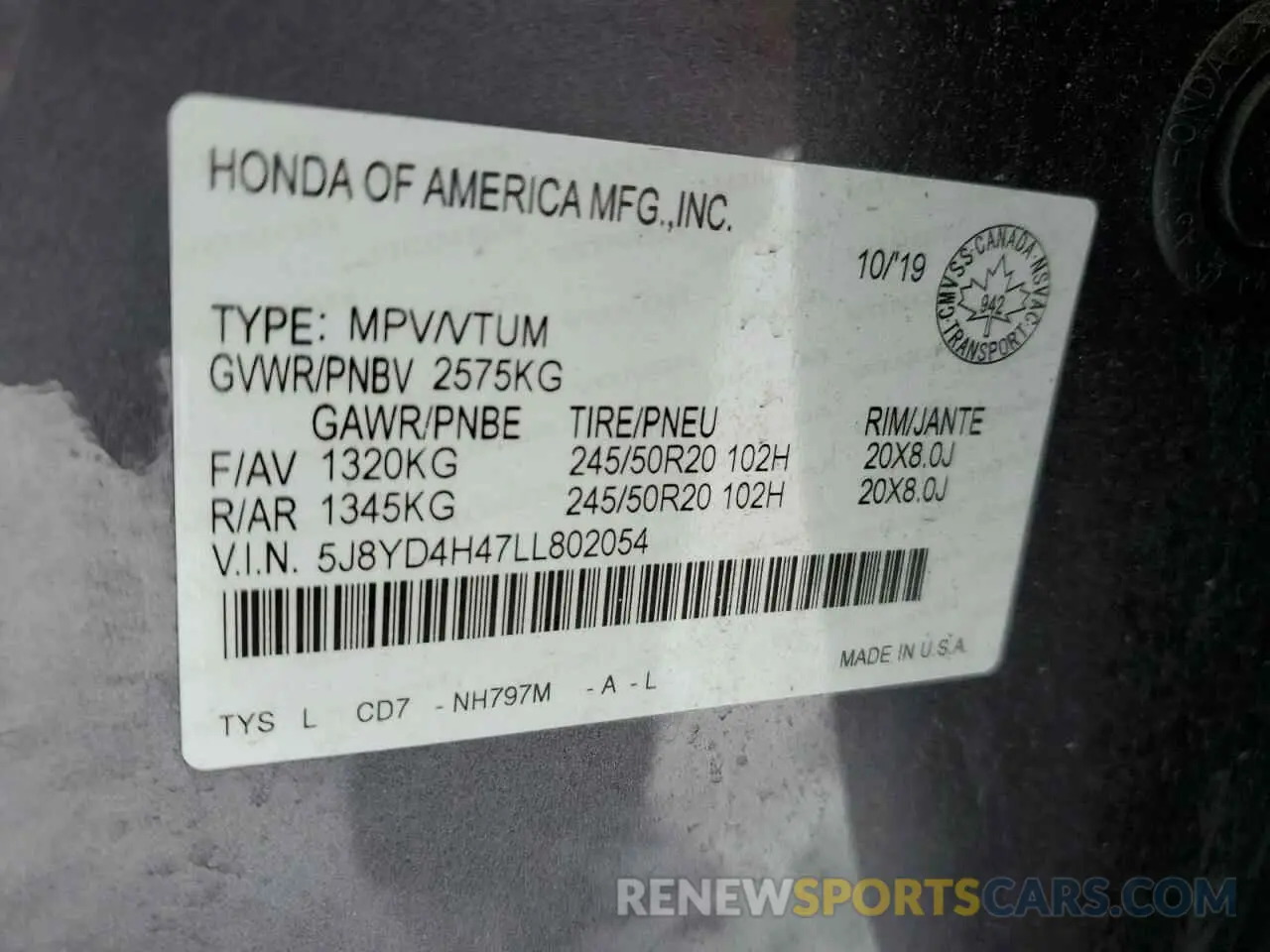 13 Photograph of a damaged car 5J8YD4H47LL802054 ACURA MDX 2020