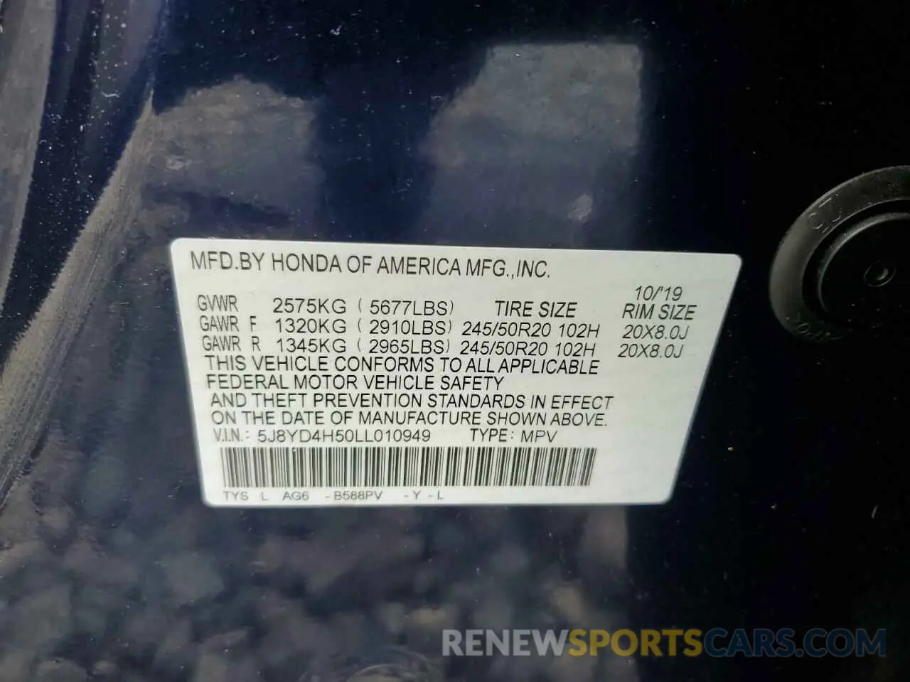 15 Photograph of a damaged car 5J8YD4H50LL010949 ACURA MDX 2020