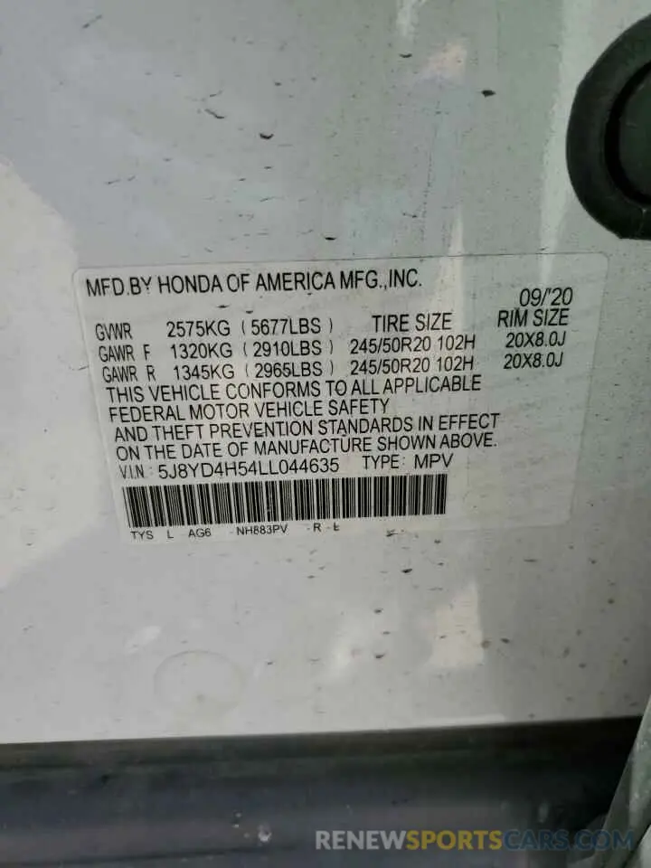 13 Photograph of a damaged car 5J8YD4H54LL044635 ACURA MDX 2020