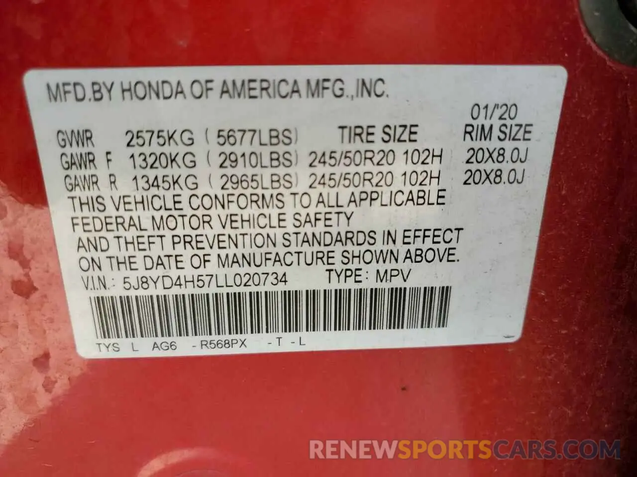 13 Photograph of a damaged car 5J8YD4H57LL020734 ACURA MDX 2020