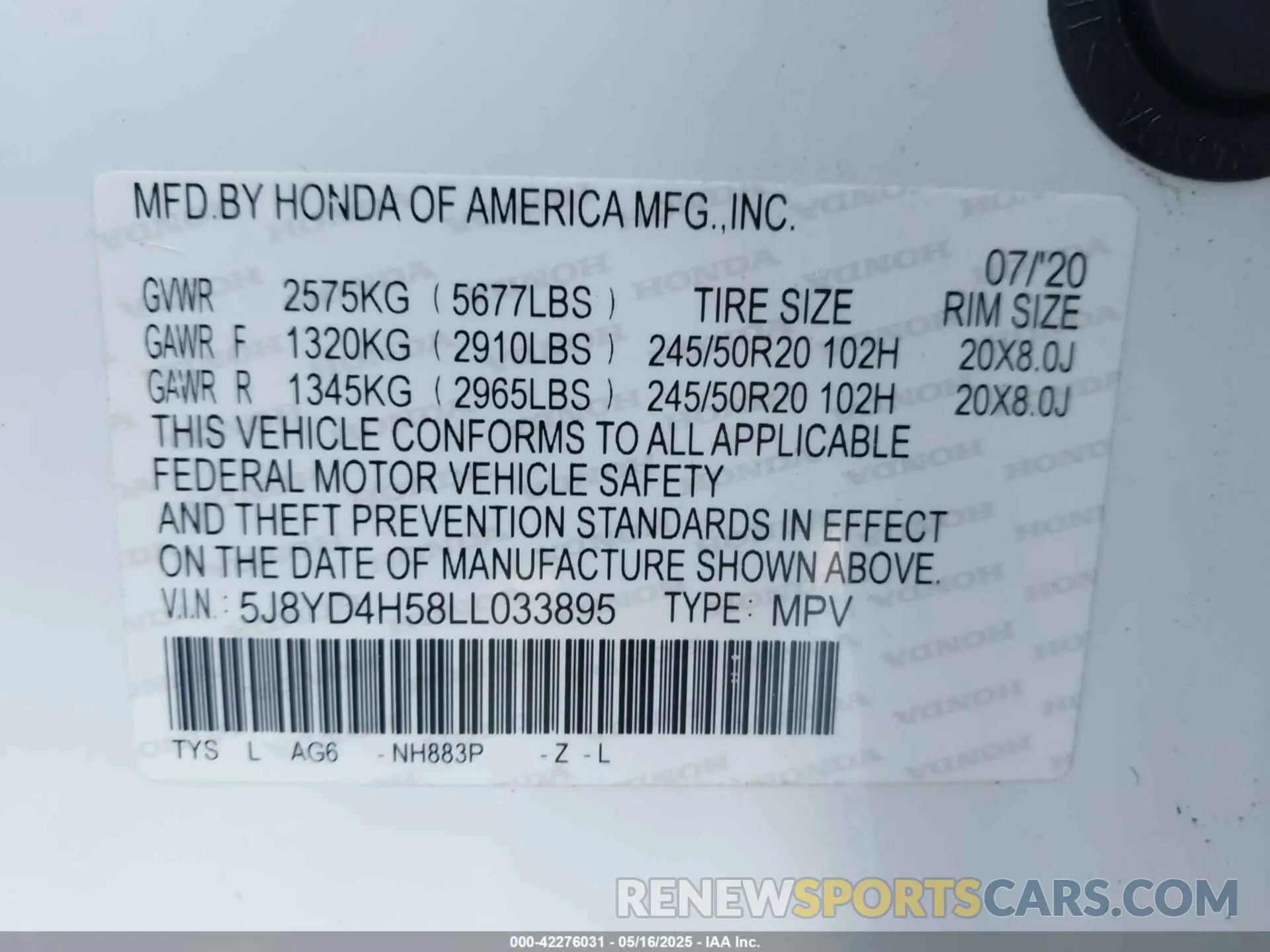 9 Photograph of a damaged car 5J8YD4H58LL033895 ACURA MDX 2020