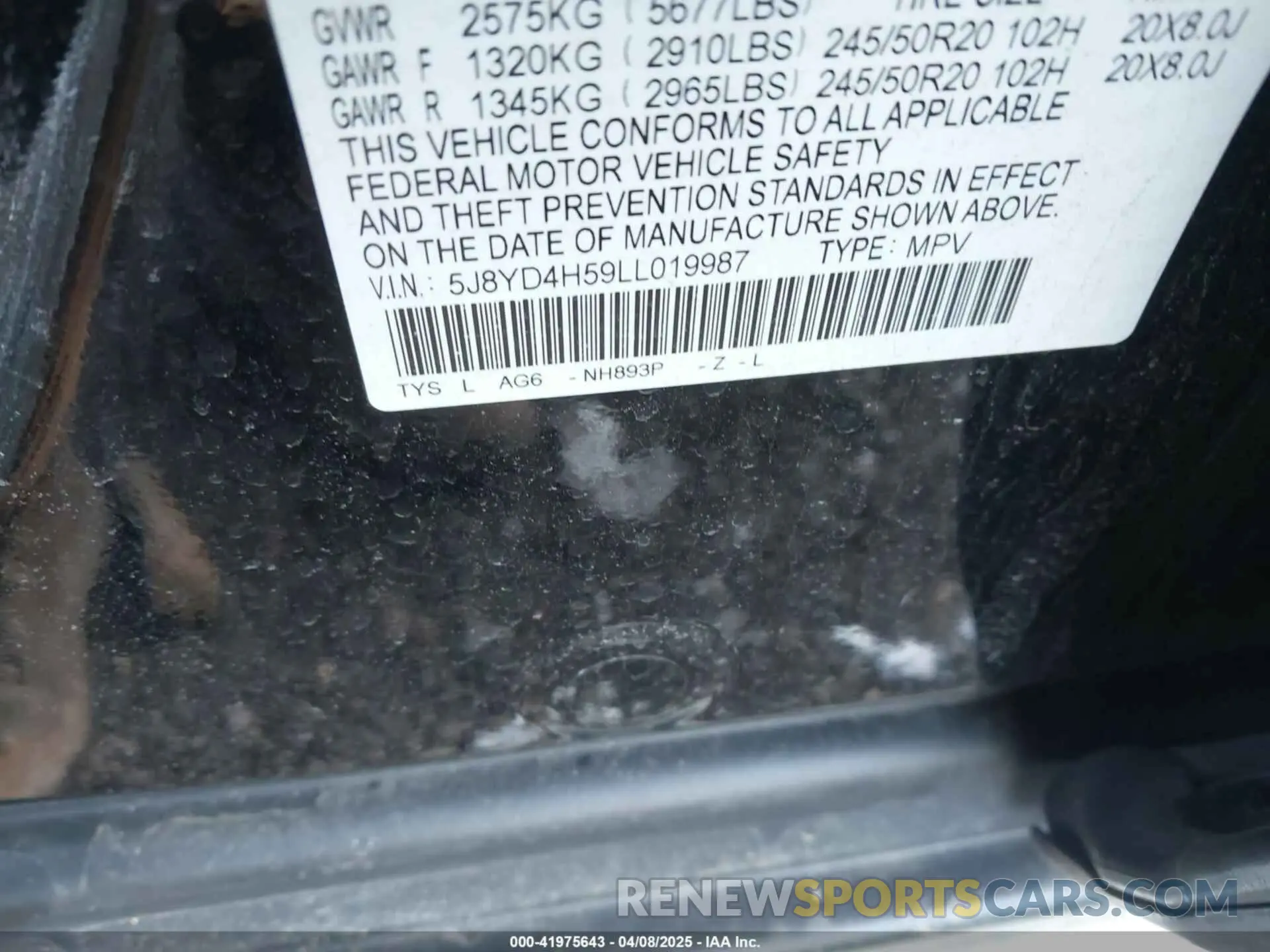 9 Photograph of a damaged car 5J8YD4H59LL019987 ACURA MDX 2020