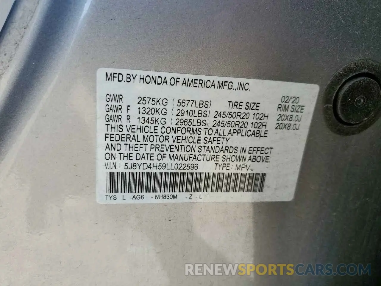 14 Photograph of a damaged car 5J8YD4H59LL022596 ACURA MDX 2020