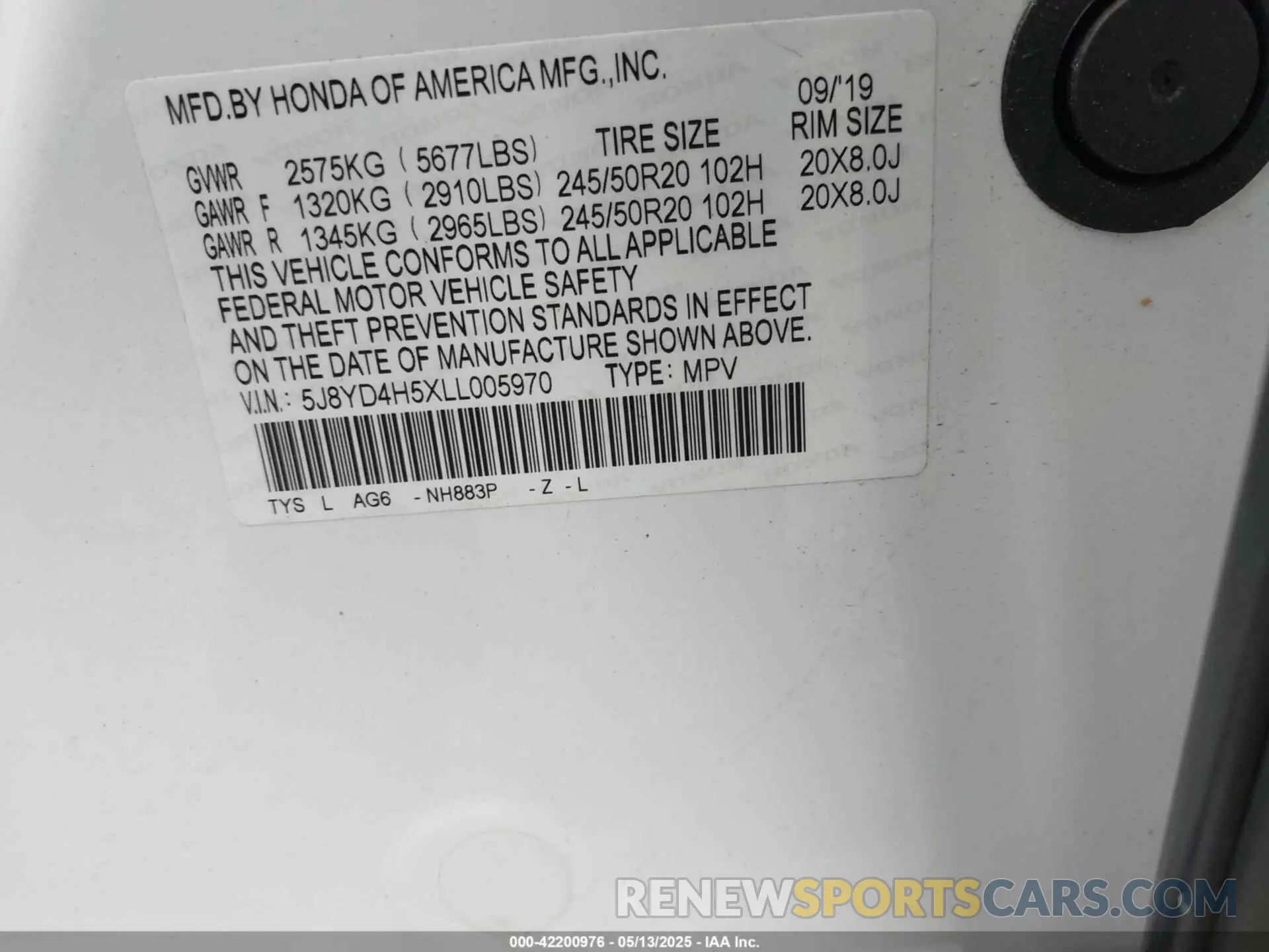 9 Photograph of a damaged car 5J8YD4H5XLL005970 ACURA MDX 2020