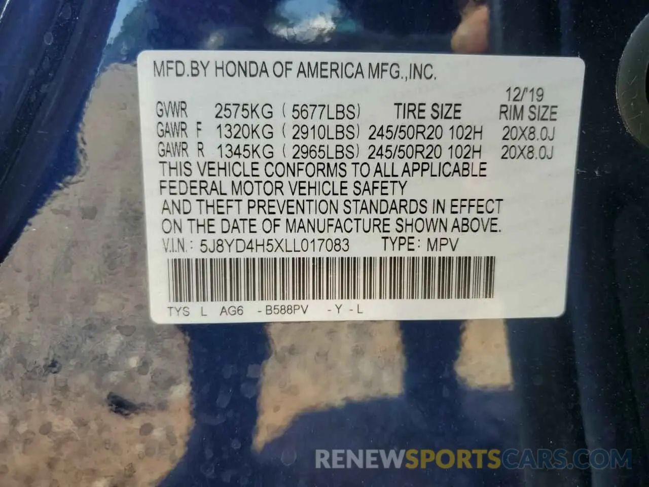 13 Photograph of a damaged car 5J8YD4H5XLL017083 ACURA MDX 2020