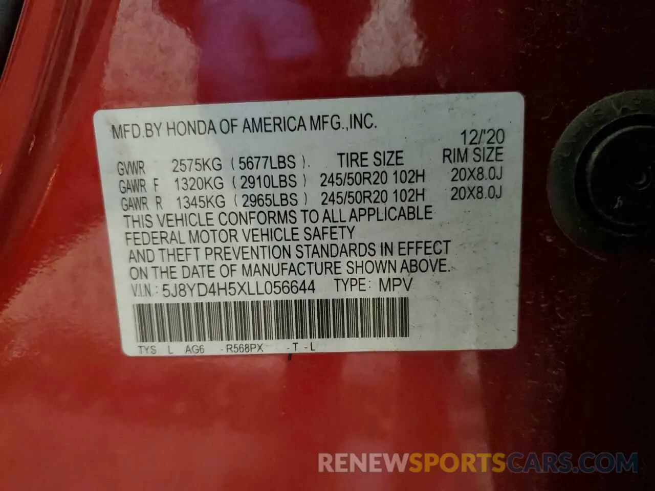 15 Photograph of a damaged car 5J8YD4H5XLL056644 ACURA MDX 2020
