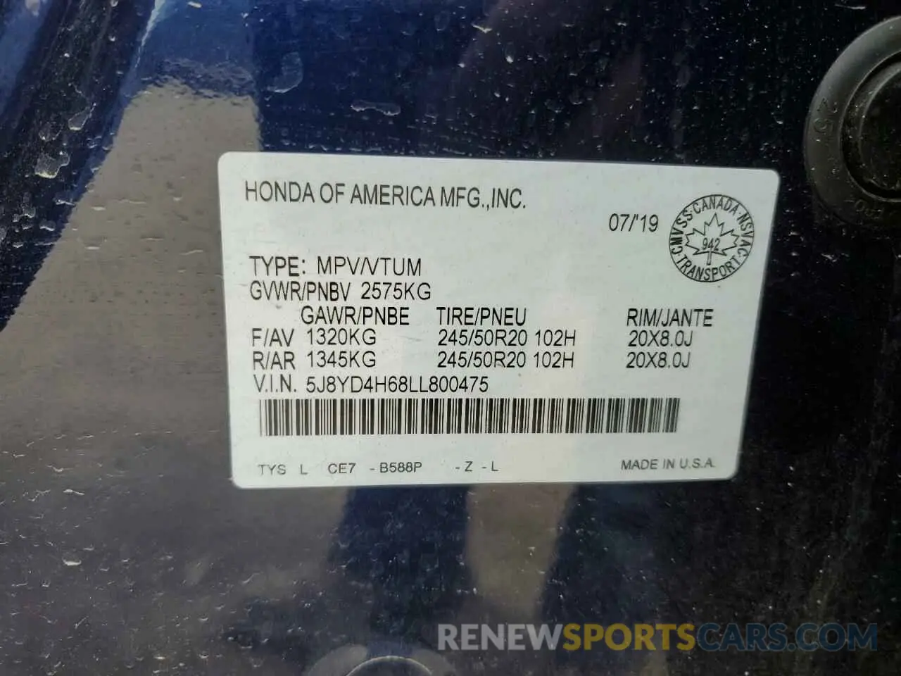 13 Photograph of a damaged car 5J8YD4H68LL800475 ACURA MDX 2020