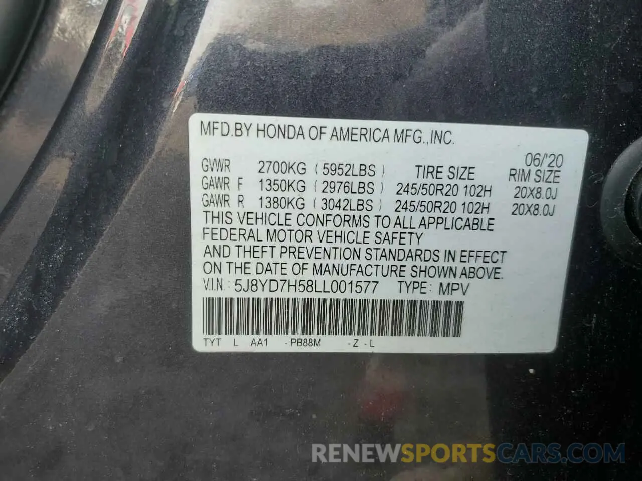 15 Photograph of a damaged car 5J8YD7H58LL001577 ACURA MDX 2020