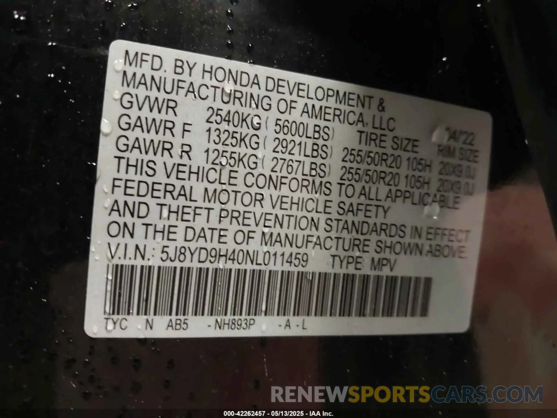 9 Photograph of a damaged car 5J8YD9H40NL011459 ACURA MDX 2022