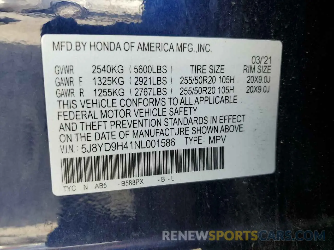 13 Photograph of a damaged car 5J8YD9H41NL001586 ACURA MDX 2022