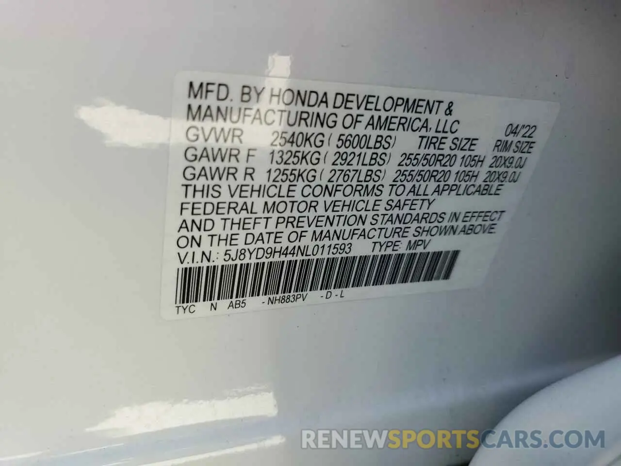 16 Photograph of a damaged car 5J8YD9H44NL011593 ACURA MDX 2022