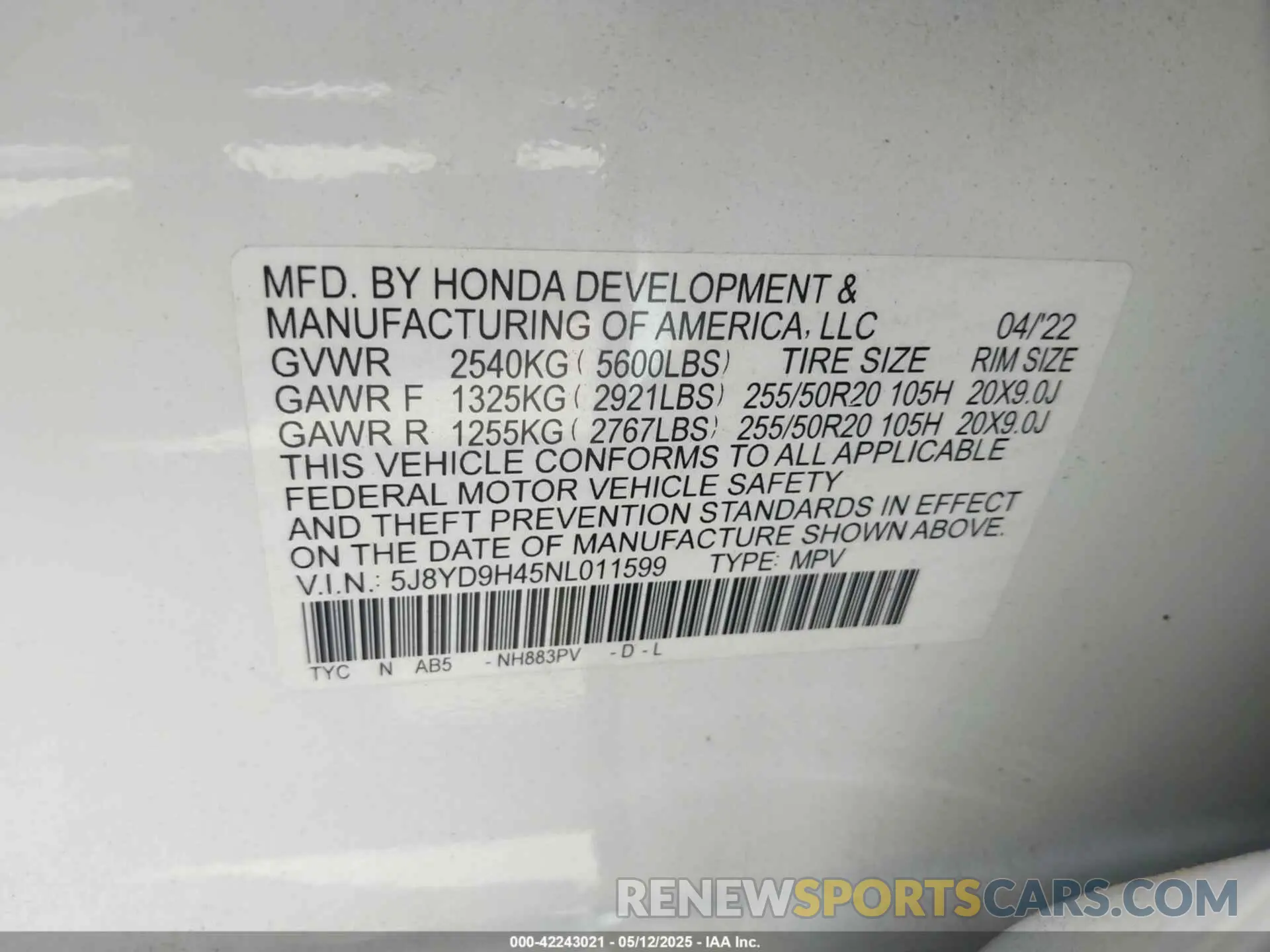 9 Photograph of a damaged car 5J8YD9H45NL011599 ACURA MDX 2022