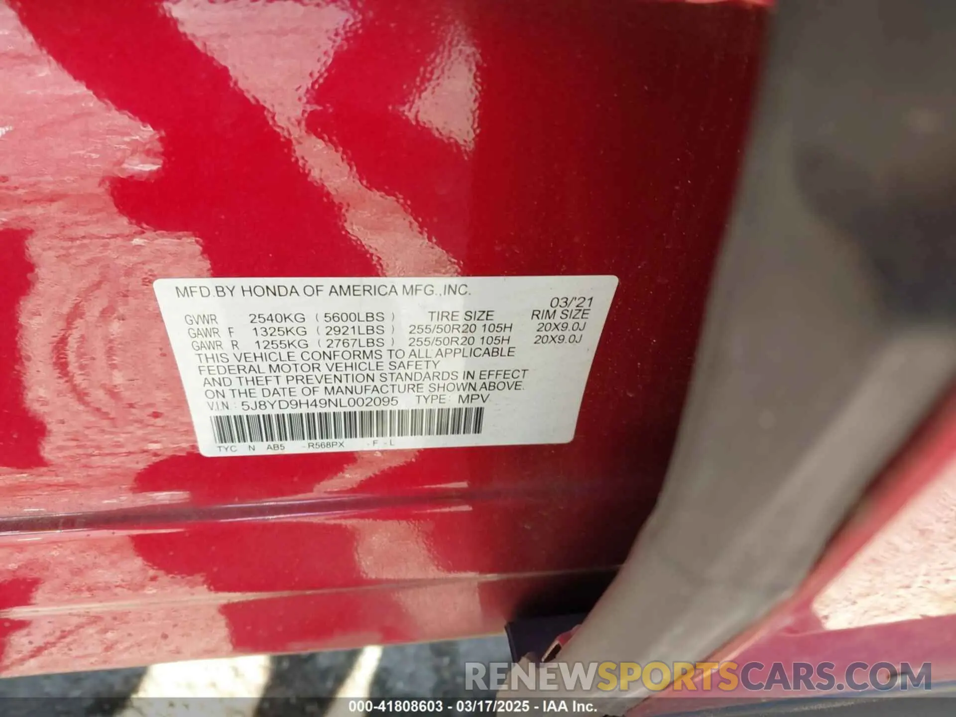 9 Photograph of a damaged car 5J8YD9H49NL002095 ACURA MDX 2022