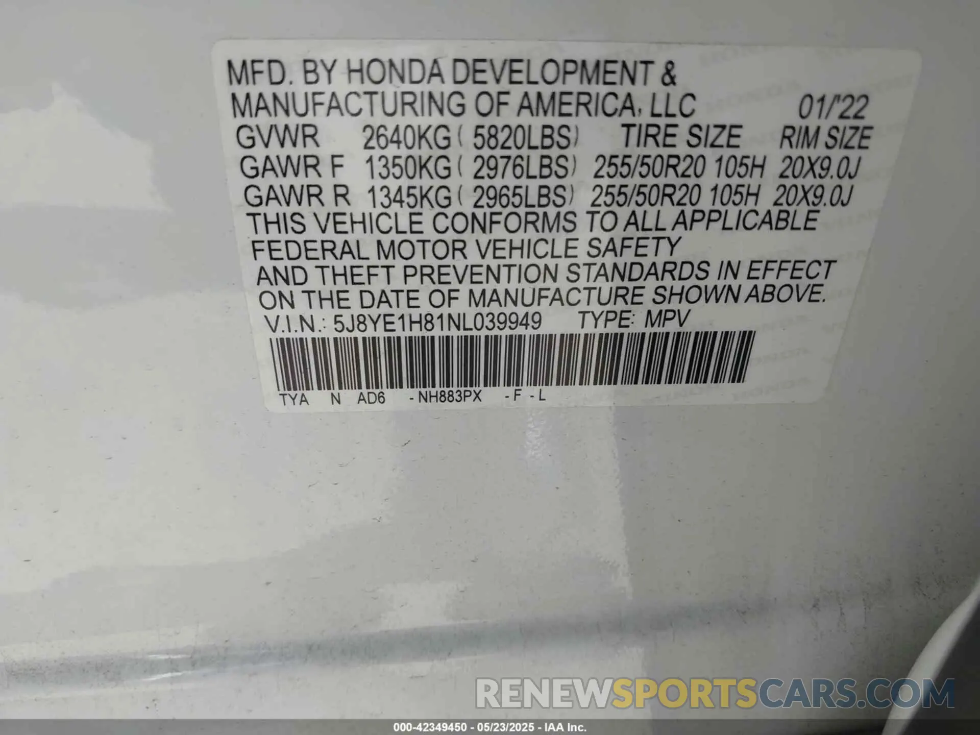 9 Photograph of a damaged car 5J8YE1H81NL039949 ACURA MDX 2022