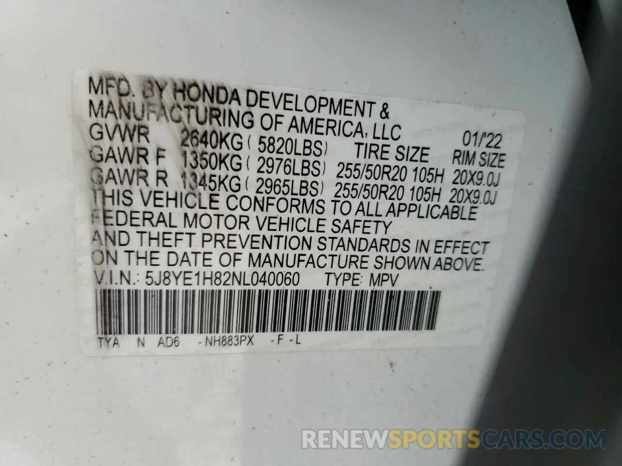 13 Photograph of a damaged car 5J8YE1H82NL040060 ACURA MDX 2022