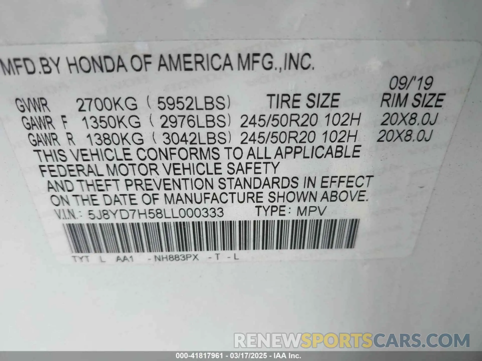 9 Photograph of a damaged car 5J8YD7H58LL000333 ACURA MDX SPORT HYBRID 2020
