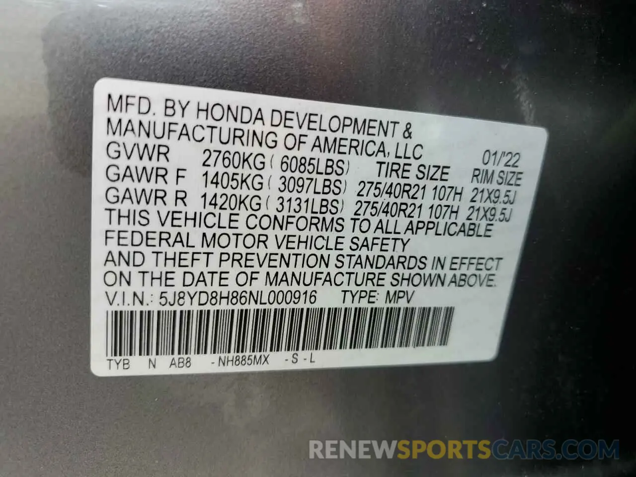 13 Photograph of a damaged car 5J8YD8H86NL000916 ACURA MDX TYPE S 2022