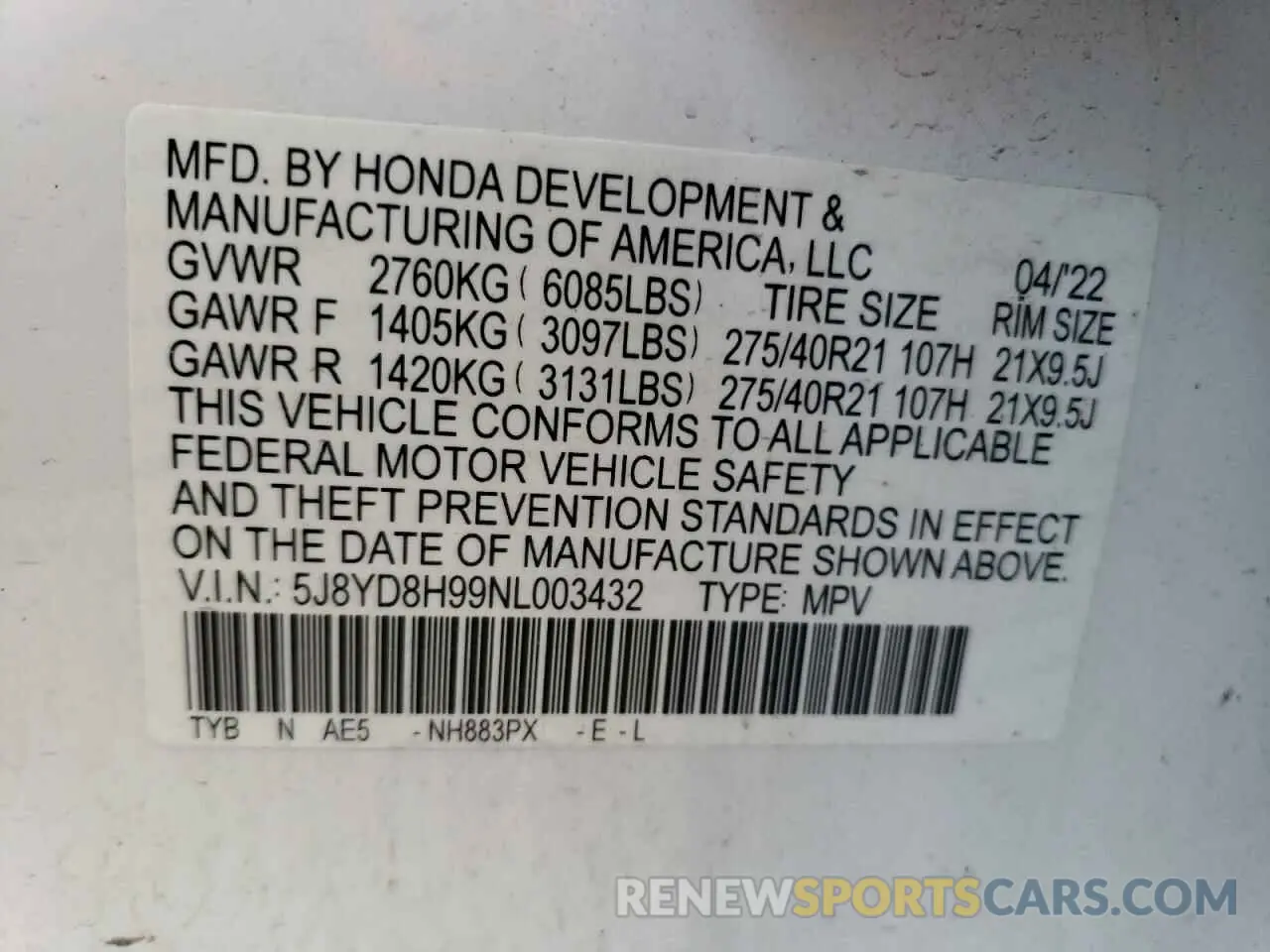 14 Photograph of a damaged car 5J8YD8H99NL003432 ACURA MDX TYPE S 2022