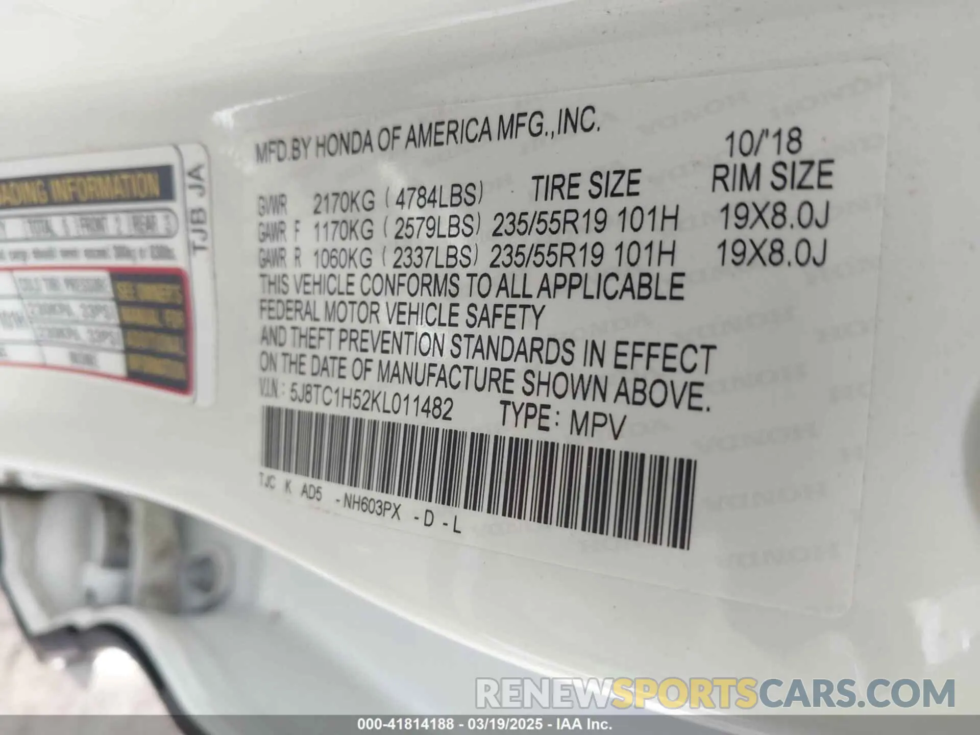9 Photograph of a damaged car 5J8TC1H52KL011482 ACURA RDX 2019