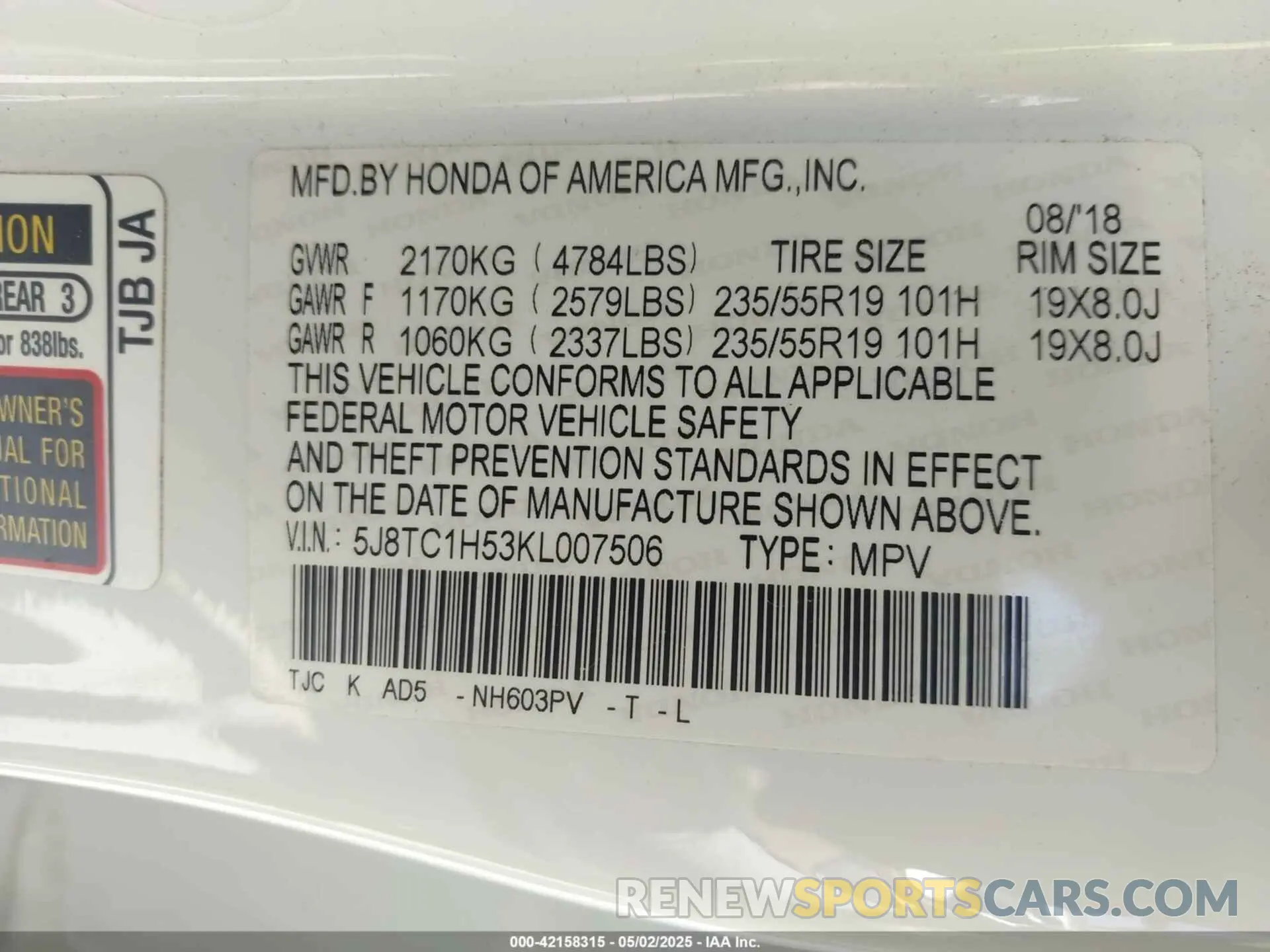 9 Photograph of a damaged car 5J8TC1H53KL007506 ACURA RDX 2019