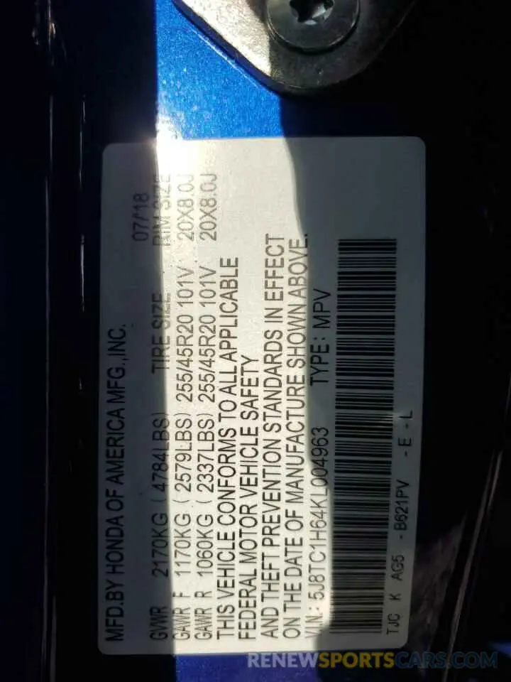 15 Photograph of a damaged car 5J8TC1H64KL004963 ACURA RDX 2019