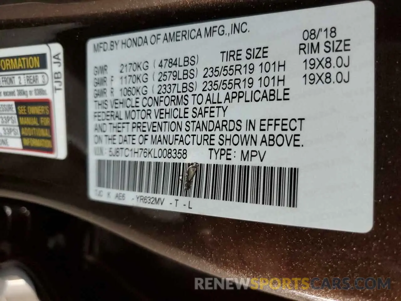 12 Photograph of a damaged car 5J8TC1H76KL008358 ACURA RDX 2019