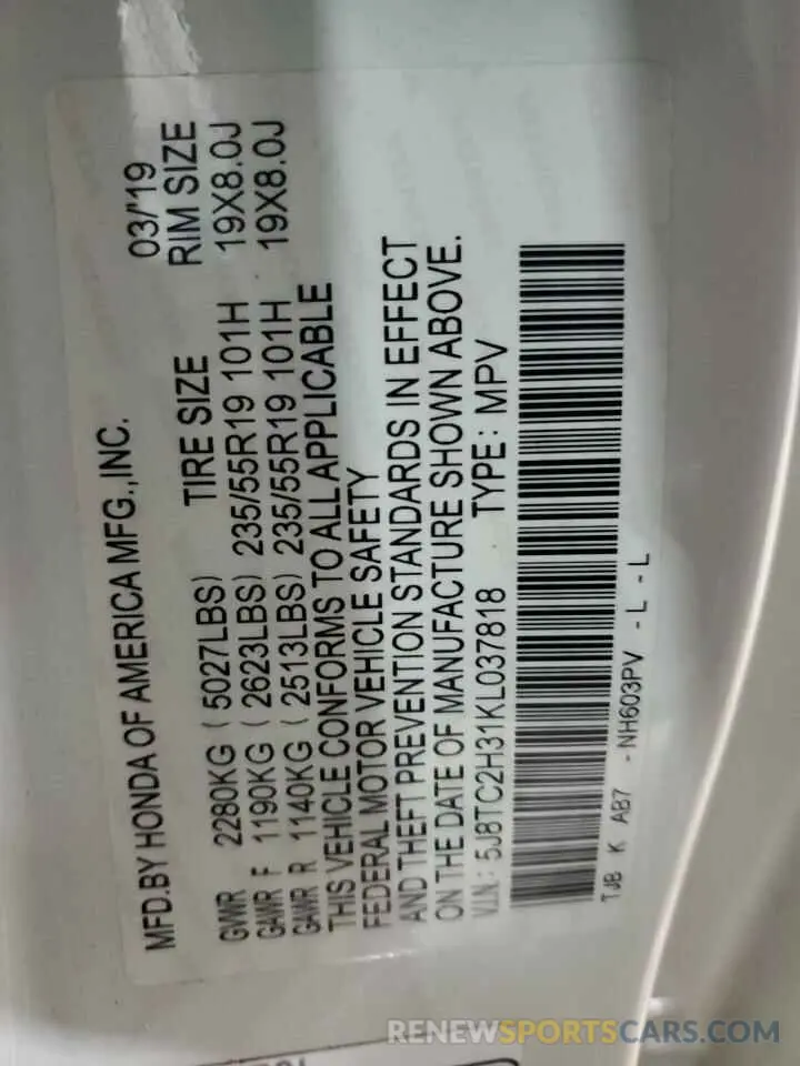 14 Photograph of a damaged car 5J8TC2H31KL037818 ACURA RDX 2019