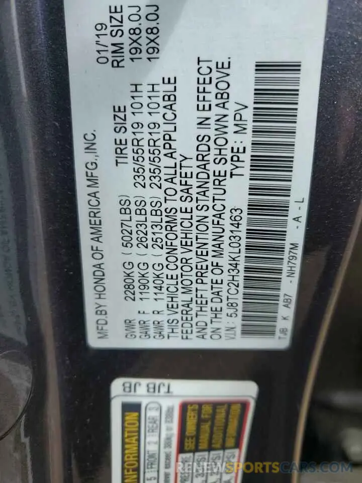 13 Photograph of a damaged car 5J8TC2H34KL031463 ACURA RDX 2019