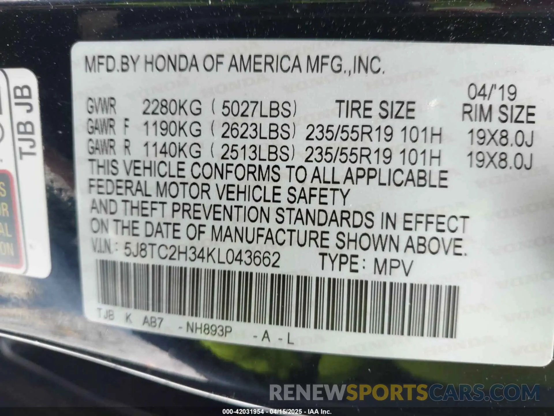 9 Photograph of a damaged car 5J8TC2H34KL043662 ACURA RDX 2019