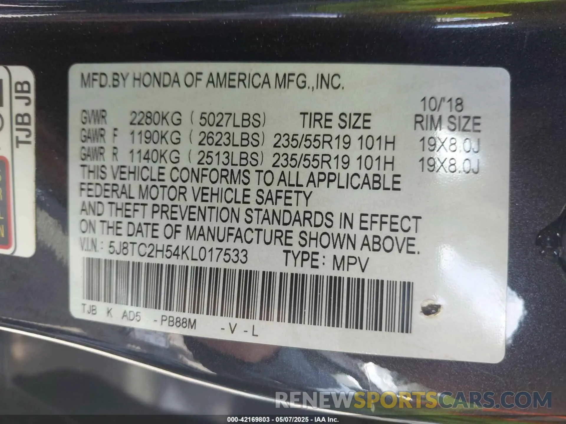 9 Photograph of a damaged car 5J8TC2H54KL017533 ACURA RDX 2019