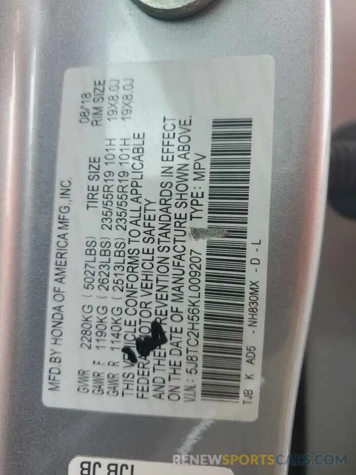 13 Photograph of a damaged car 5J8TC2H56KL009207 ACURA RDX 2019
