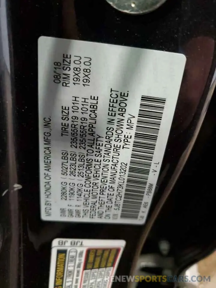 14 Photograph of a damaged car 5J8TC2H73KL013202 ACURA RDX 2019