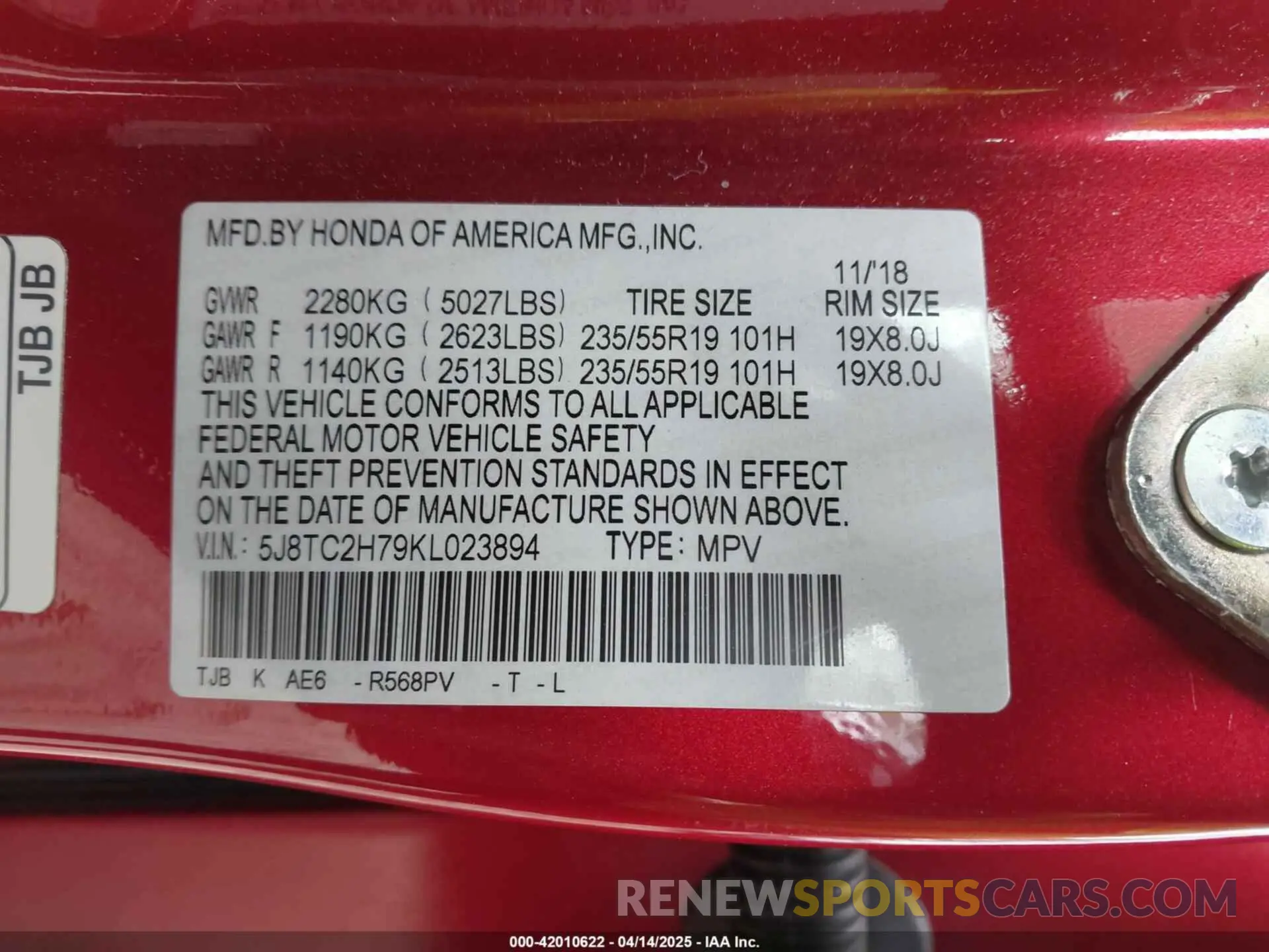 9 Photograph of a damaged car 5J8TC2H79KL023894 ACURA RDX 2019