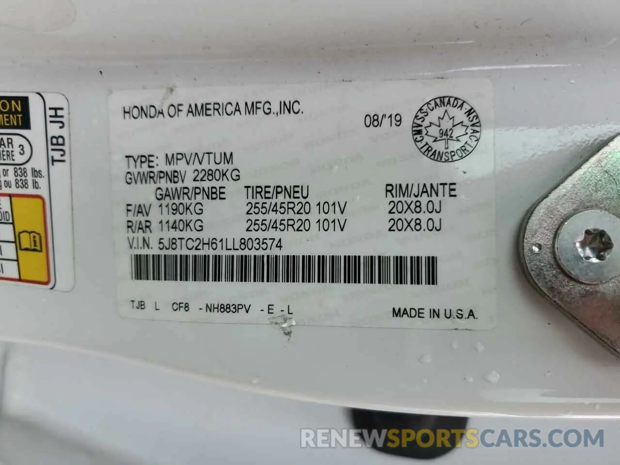 14 Photograph of a damaged car 5J8TC2H61LL803574 ACURA RDX 2020